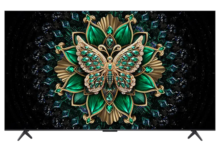 Telewizor Tcl wyświetlający luksusowy obraz biżuteryjnego motyla w zielonych barwach.