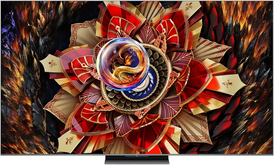 Telewizor Tcl wyświetlający dynamiczny obraz z czerwoną kompozycją kwiatową.
