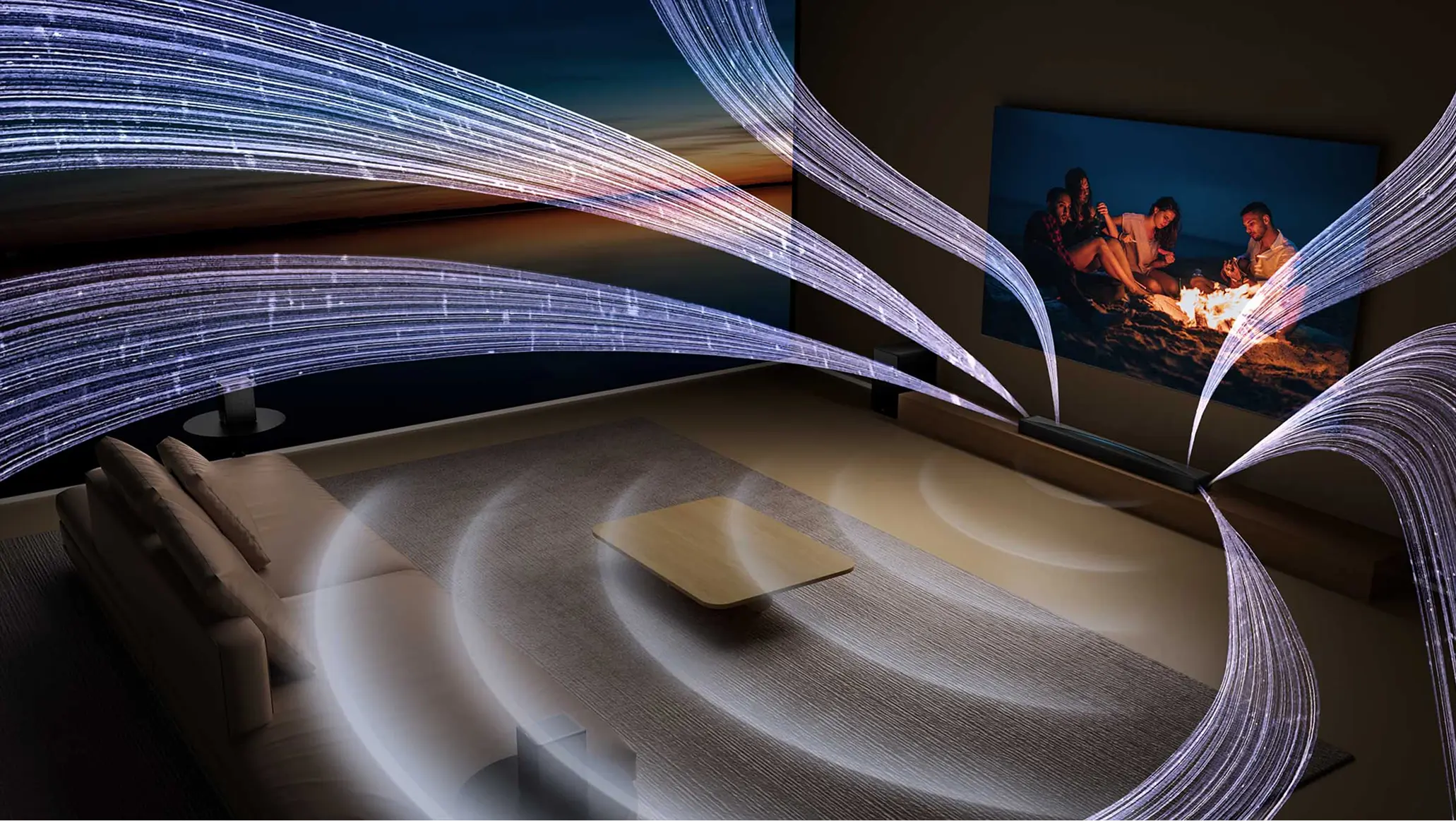 Wizualizacja fal dźwiękowych rozchodzących się z soundbara po całym salonie z widokiem na telewizor.