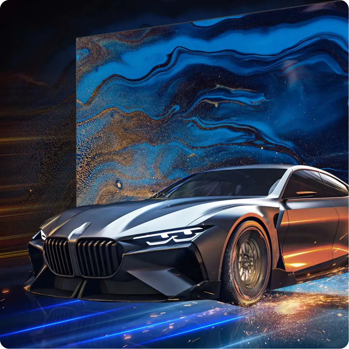 Dynamiczna grafika z luksusowym sportowym autem na tle niebiesko-złotych smug i ekranu.