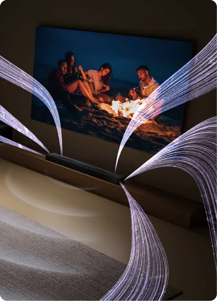 Czarny, elegancki subwoofer marki Tcl otoczony dynamicznymi kręgami rozchodzącego się basu.