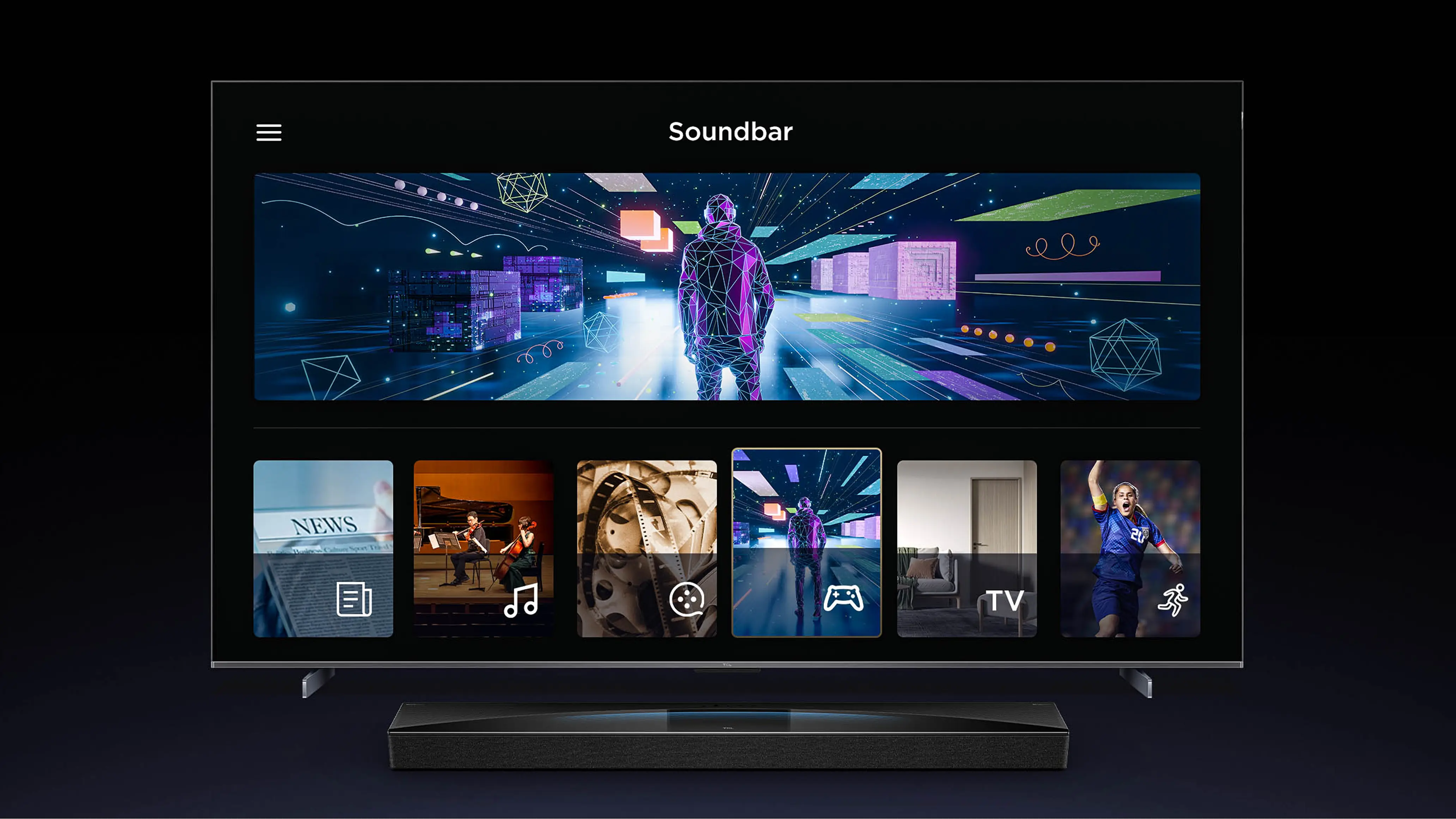 Interfejs menu Soundbar na ekranie telewizora z kafelkami trybów: wiadomości, muzyka, film i gry.