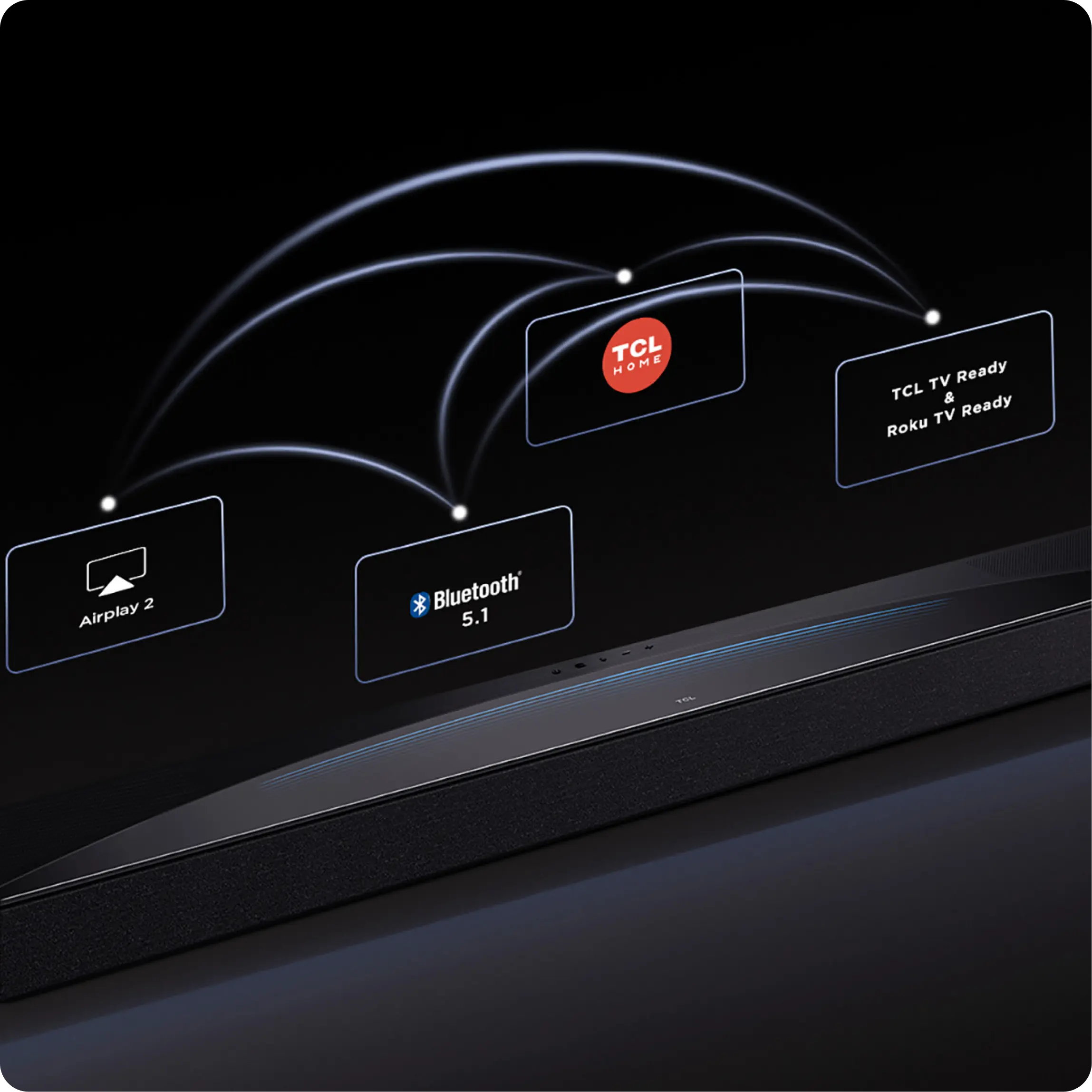 Soundbar z ikonami łączności bezprzewodowej takimi jak Bluetooth, Airplay i Roku Tv.