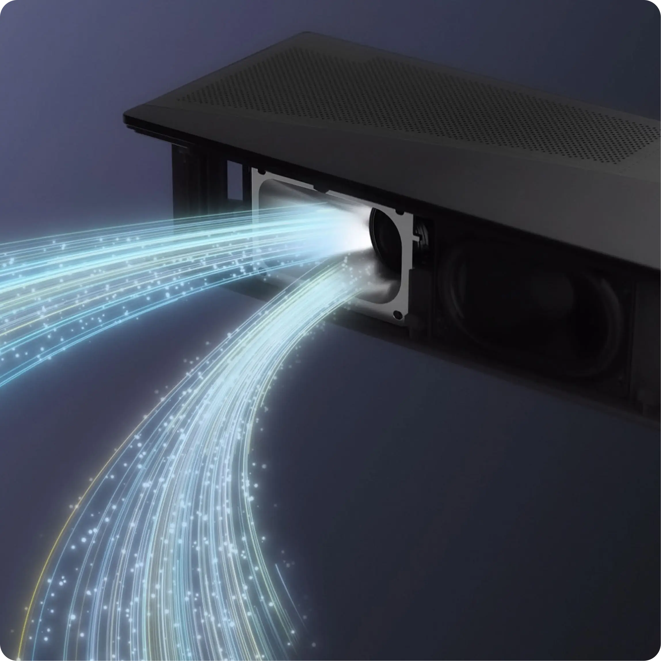 Zbliżenie na wnętrze nowoczesnego głośnika z wizualizacją fal dźwiękowych w formie jasnych linii.