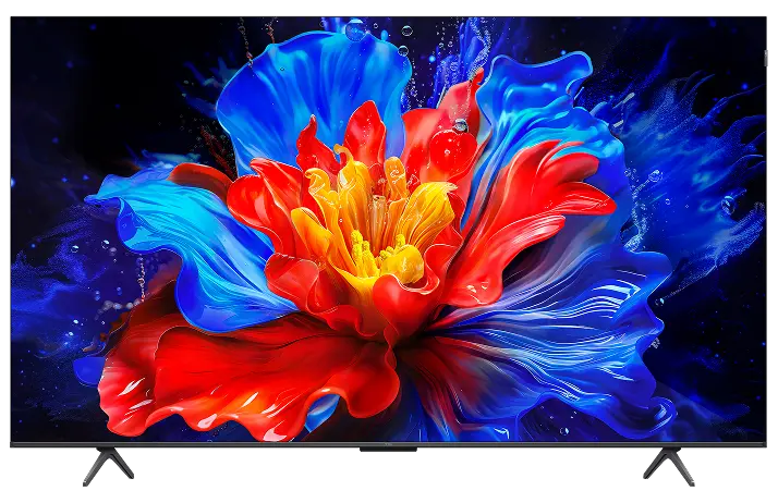 Telewizor Tcl wyświetlający artystyczny, dynamiczny obraz wielobarwnego kwiatu na ciemnym tle.