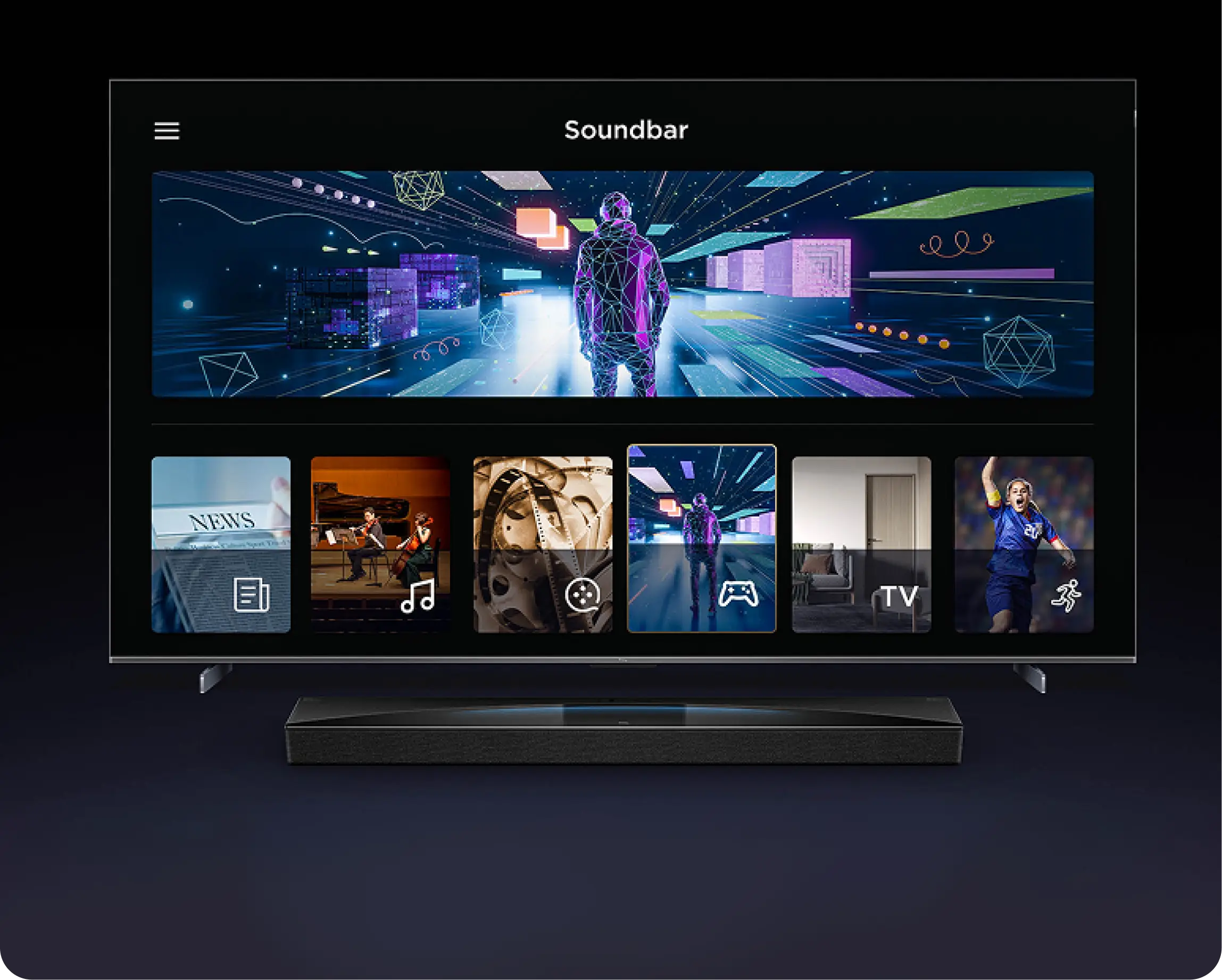 Widok na ekran telewizora z interfejsem ustawień dźwięku oraz ustawiony pod nim soundbar.