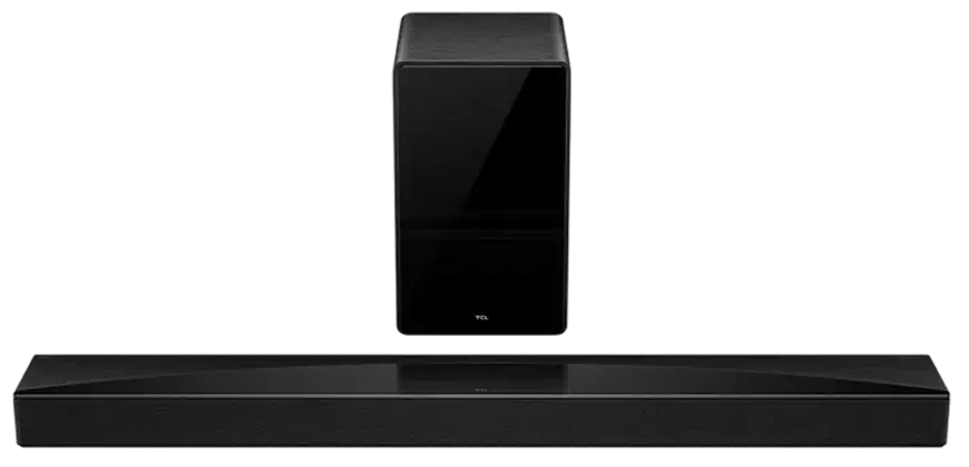 Nowoczesny zestaw audio Tcl składający się ze smukłego soundbaru i błyszczącego subwoofera.