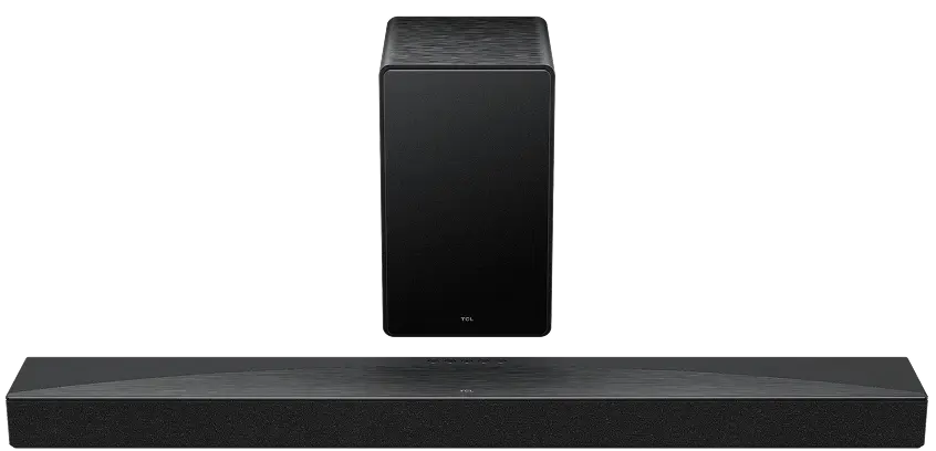 Zestaw audio Tcl składający się z podłużnego soundbaru i czarnego subwoofera.