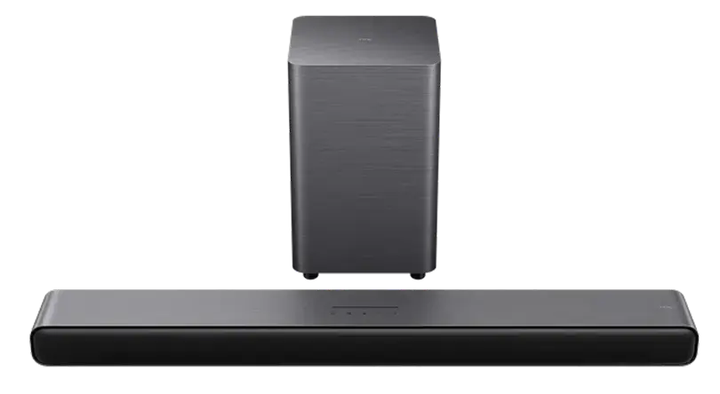 Nowoczesny, ciemnoszary zestaw audio Tcl składający się z soundbaru oraz kompaktowego subwoofera.