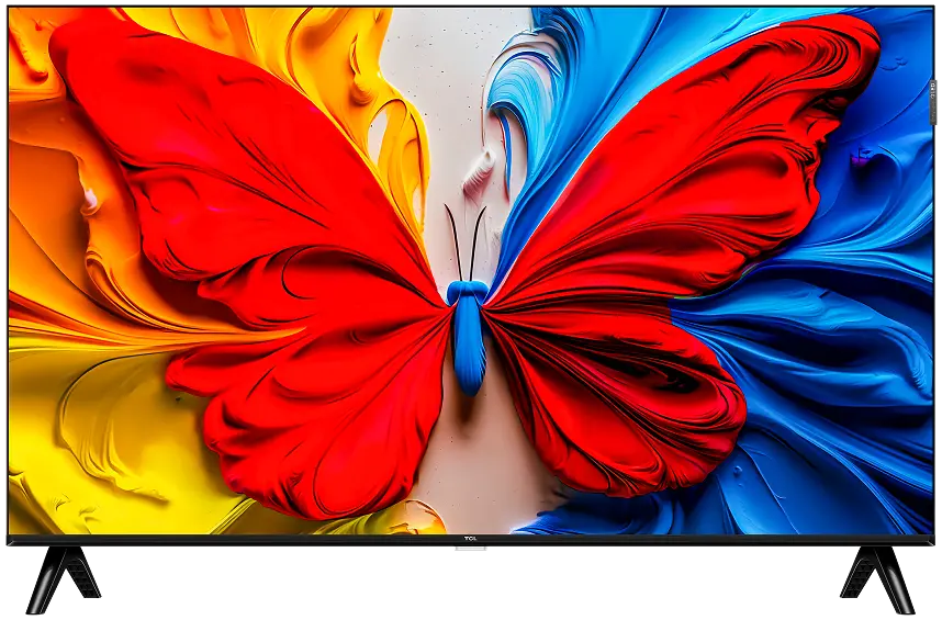 Telewizor Tcl wyświetlający kolorowy obraz motyla z czerwonymi skrzydłami.