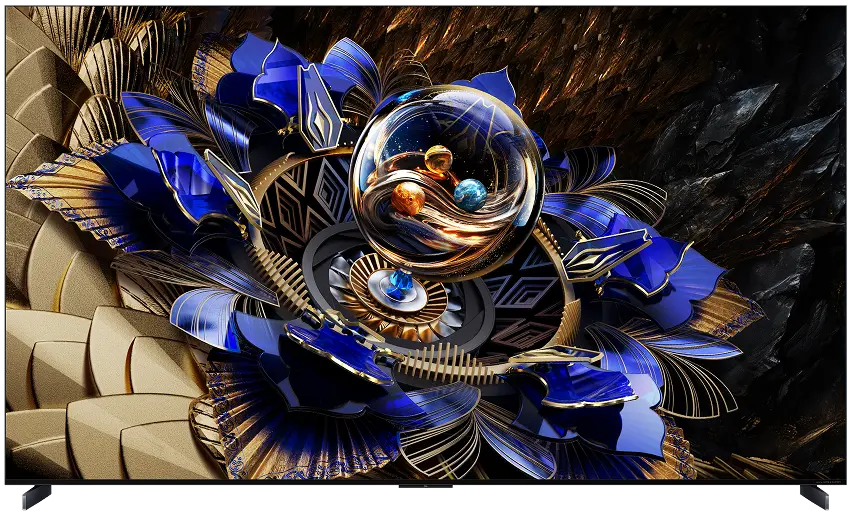 Telewizor Tcl wyświetlający skomplikowany, artystyczny obraz mechanicznego kwiatu w złotych i błękitnych barwach.