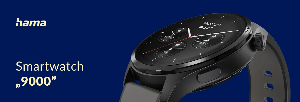 Smartwatch Hama 9000 w czarnej kopercie na granatowym tle – ujęcie pod kątem