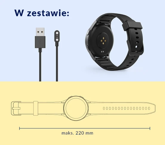 Elementy zestawu smartwatcha Hama – kabel USB i zegarek