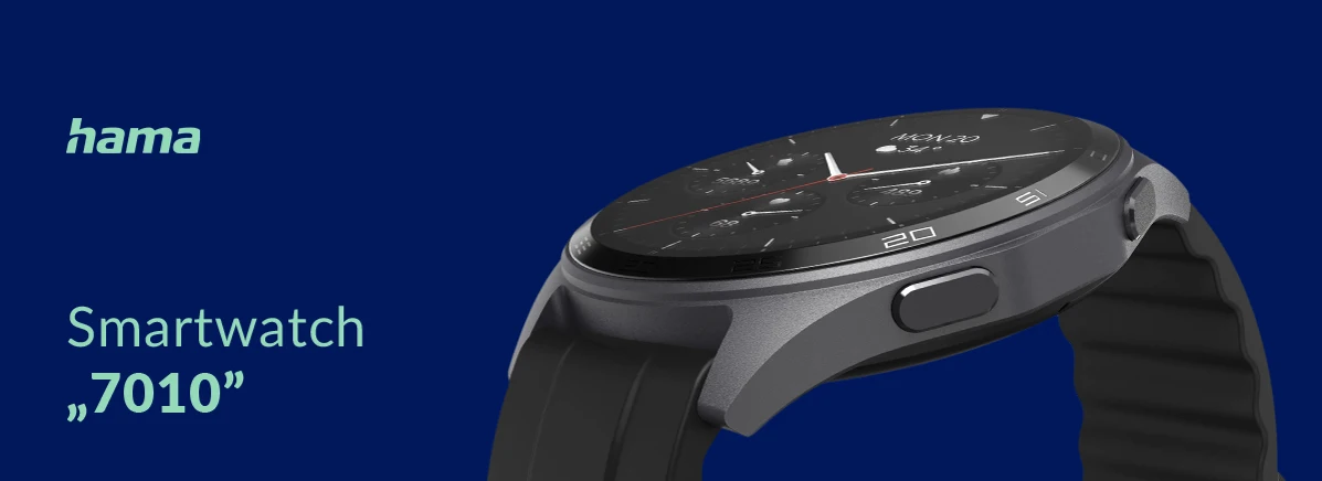 Smartwatch Hama 7010 na granatowym tle – widok z boku