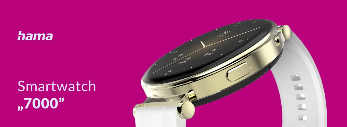 Smartwatch Hama 7000 w złotej kopercie na różowym tle