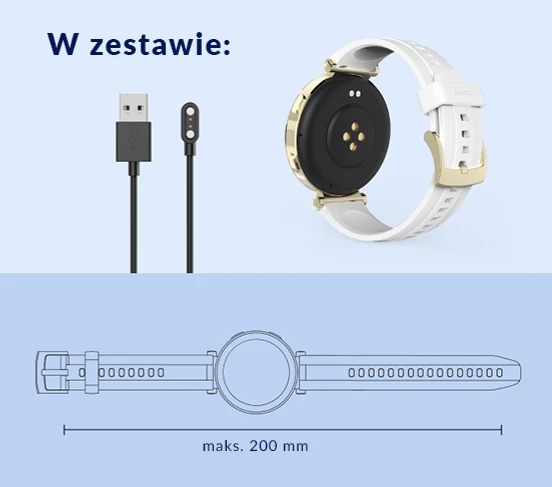 Smartwatch Hama – widok zestawu z kablem ładowania