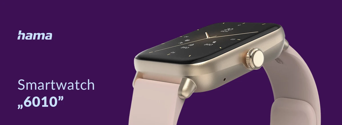 Smartwatch Hama 6010 w złotej kopercie na fioletowym tle