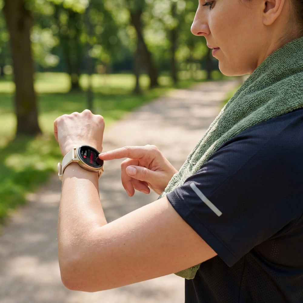 Osoba sprawdzająca smartwatch podczas spaceru