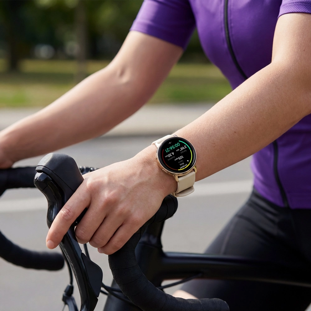 Osoba jadąca na rowerze z zegarkiem na ręce