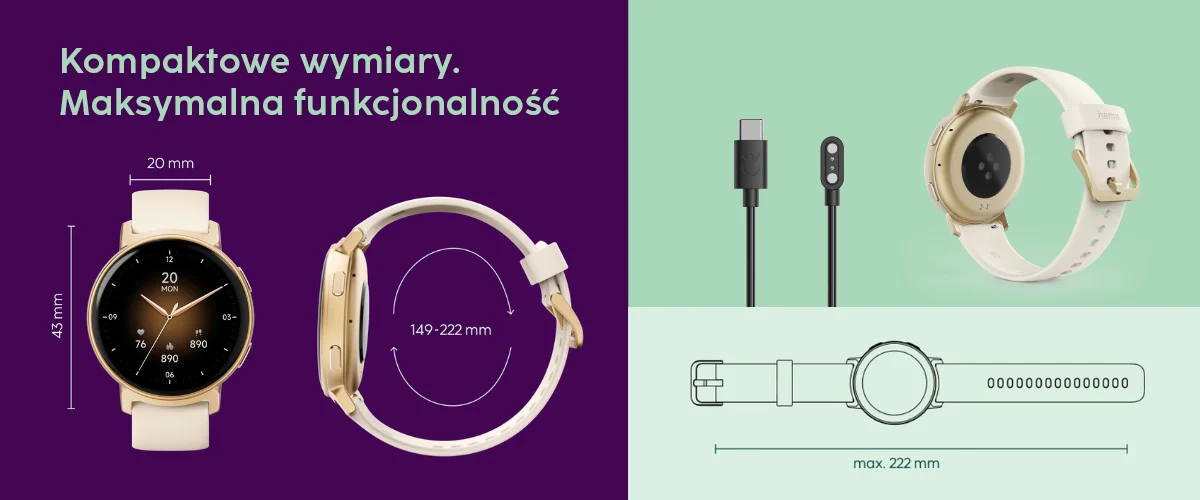 Grafika pokazująca wymiary zegarka HAMA i jego elementy
