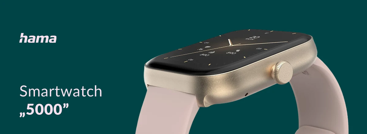 Smartwatch Hama 5000 w złotej kopercie na zielonym tle