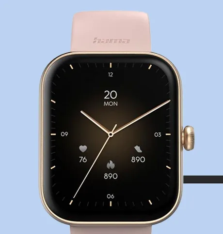 Smartwatch Hama z prostokątną tarczą i jasnoróżowym paskiem – zbliżenie