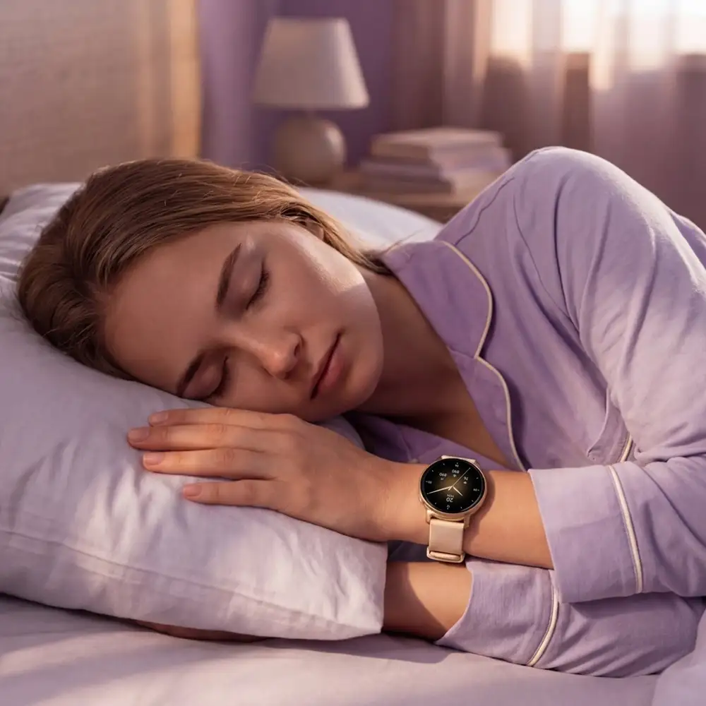 Osoba śpiąca w sypialni z zegarkiem na ręce