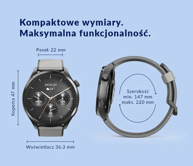 Smartwatch Hama – wymiary koperty 47 mm i szerokość paska 22 mm