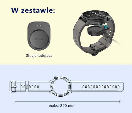 Zawartość zestawu smartwatcha Hama – stacja ładująca i pasek