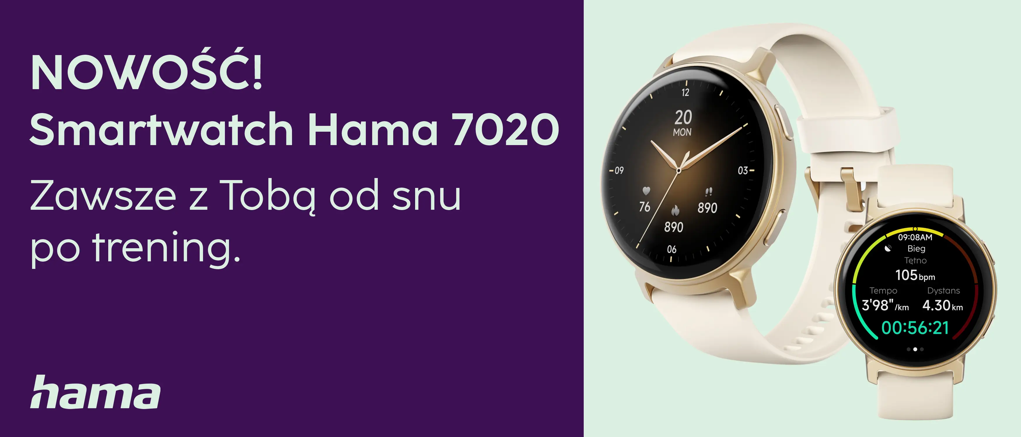 hasło reklamowe na fioletowym tle i Smartwatche Hama 7020 w złotej kopercie na miętowym tle
