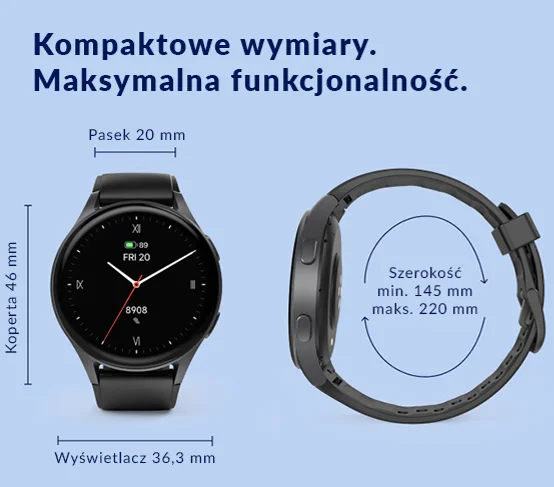 Smartwatch Hama – schemat wymiarów koperty i paska