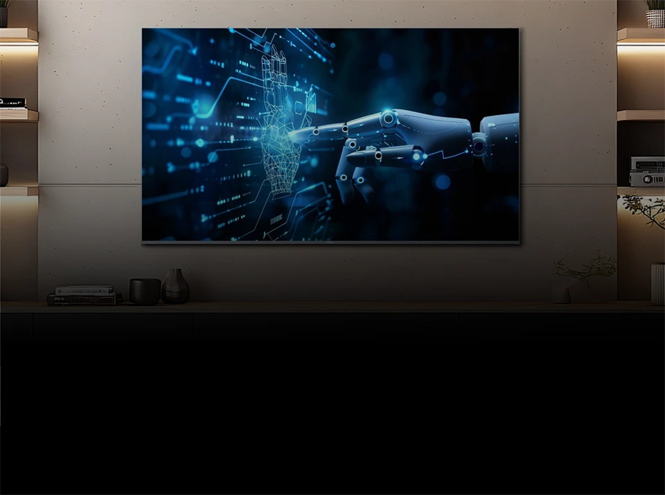 Telewizor ścienny Haier wyświetlający futurystyczną grafikę z robotyczną dłonią