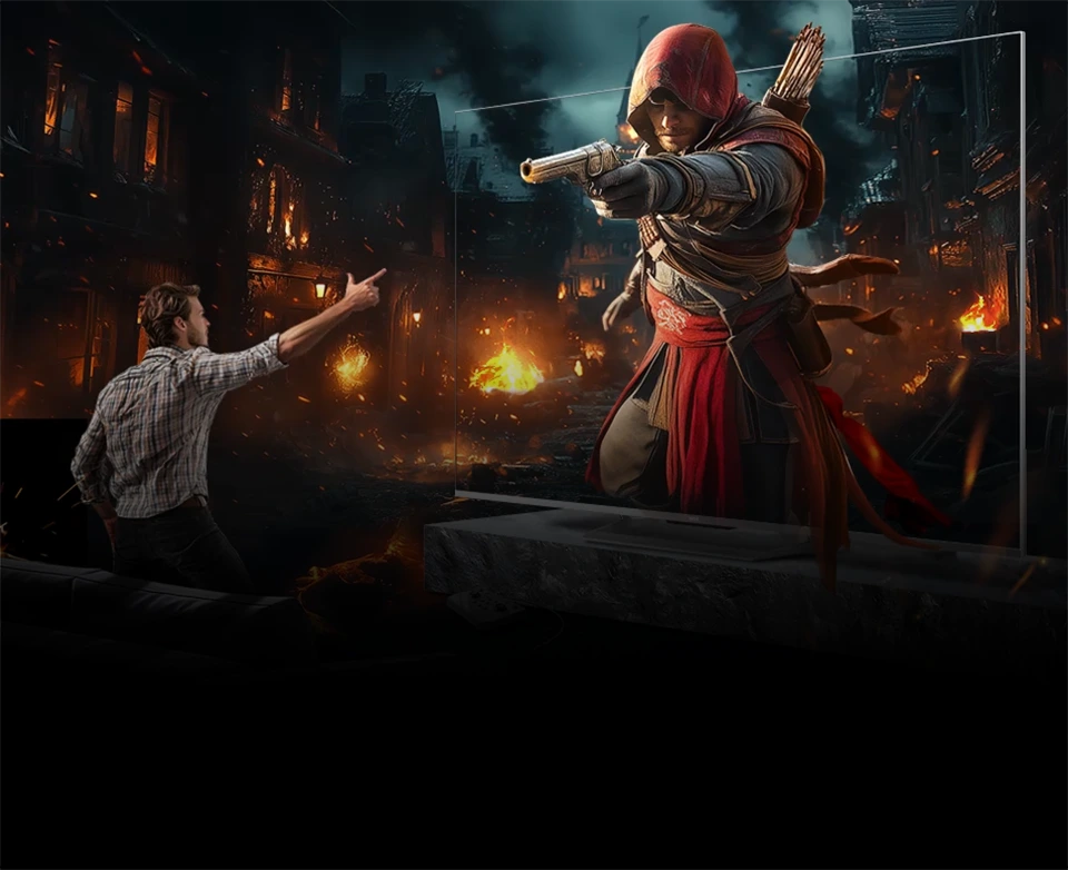 Mężczyzna wyciągający rękę w stronę telewizora Haier z dynamiczną sceną postaci w płonącym mieście