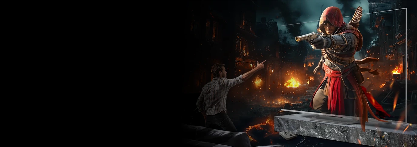 Mężczyzna wyciągający rękę w stronę telewizora Haier z dynamiczną sceną postaci w płonącym mieście