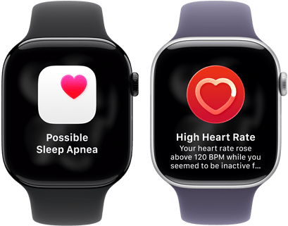 Dwa zegarki Apple Watch Series 11 ustawione obok siebie, koperta z aluminium w kolorze polerowanego onyksu, powiadomienie o możliwym bezdechu sennym, różowe serce w białym polu, prawa strona obudowy, pokrętło Digital Crown, pasek sportowy w kolorze czarnym. Drugie urządzenie, koperta z tytanu w kolorze srebrnym, aplikacja Tętno, bieżąca wartość uderzeń serca na minutę, widoczny prawy bok urządzenia, pokrętło Digital Crown, pasek sportowy w kolorze mlecznego fioletu