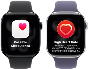 Dwa zegarki Apple Watch Series 11 ustawione obok siebie, koperta z aluminium w kolorze polerowanego onyksu, powiadomienie o możliwym bezdechu sennym, różowe serce w białym polu, widoczny prawy bok urządzenia, pokrętło Digital Crown, pasek sportowy w kolorze czarym. Drugie urządzenie, koperta z tytanu w kolorze srebrnym, aplikacja Tętno, bieżąca wartość uderzeń serca na minutę, widoczny prawy bok urządzenia, pokrętło Digital Crown, pasek sportowy w kolorze mlecznego fioletu