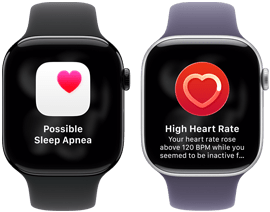 Dwa zegarki Apple Watch Series 11 ustawione obok siebie, koperta z aluminium w kolorze polerowanego onyksu, powiadomienie o możliwym bezdechu sennym, różowe serce w białym polu, widoczny prawy bok urządzenia, pokrętło Digital Crown, pasek sportowy w kolorze czarym. Drugie urządzenie, koperta z tytanu w kolorze srebrnym, aplikacja Tętno, bieżąca wartość uderzeń serca na minutę, widoczny prawy bok urządzenia, pokrętło Digital Crown, pasek sportowy w kolorze mlecznego fioletu
