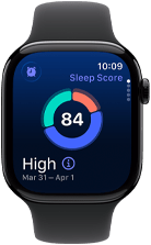 Koperta z aluminium, kolor polerowanego onyksu, na ekranie wykres kołowy z wynikiem snu, prawa strona obudowy, pokrętło Digital Crown, pasek sportowy w kolorze czarnym