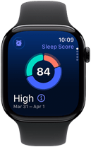 Koperta z aluminium, kolor polerowanego onyksu, na ekranie wykres kołowy z wynikiem snu, prawa strona obudowy, pokrętło Digital Crown, pasek sportowy w kolorze czarnym
