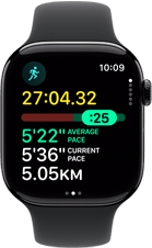 Apple Watch 11, koperta z aluminium, kolor polerowanego onyksu, trening Bieg, ikona biegania, parametry: czas, tętno, tempo odcinka, średnie tempo, dystans. prawa strona obudowy, pokrętło Digital Crown, pasek sportowy w kolorze czarnym