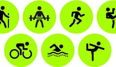 Ikony reprezentujące różne treningi, od treningu siłowego przez bieganie po taniec