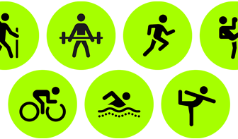 Ikony reprezentujące różne treningi, od treningu siłowego przez bieganie po taniec