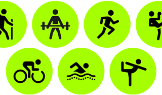 Ikony reprezentujące różne treningi, od treningu siłowego przez bieganie po taniec