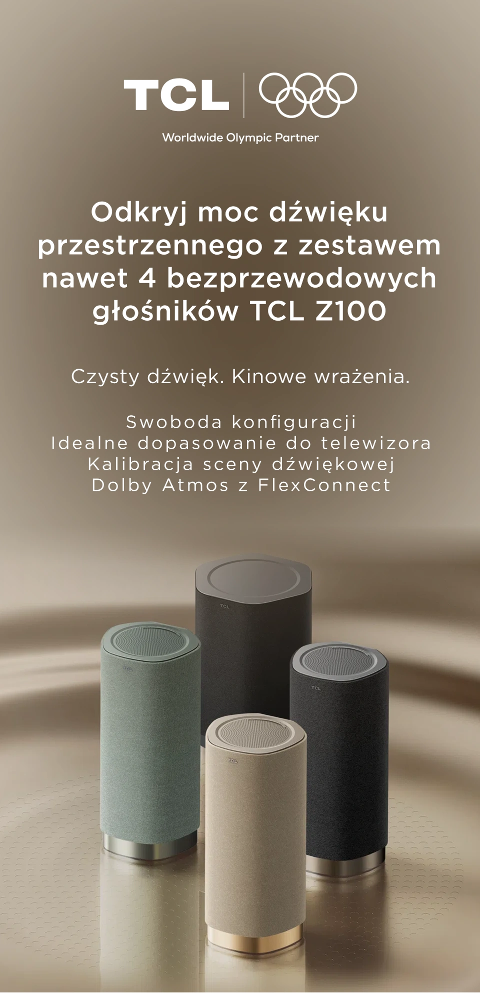 4 bezprzewodowe głośniki TCL Z100 w kolorach zielonym, beżowym i czarnym z obsługą Dolby Atmos