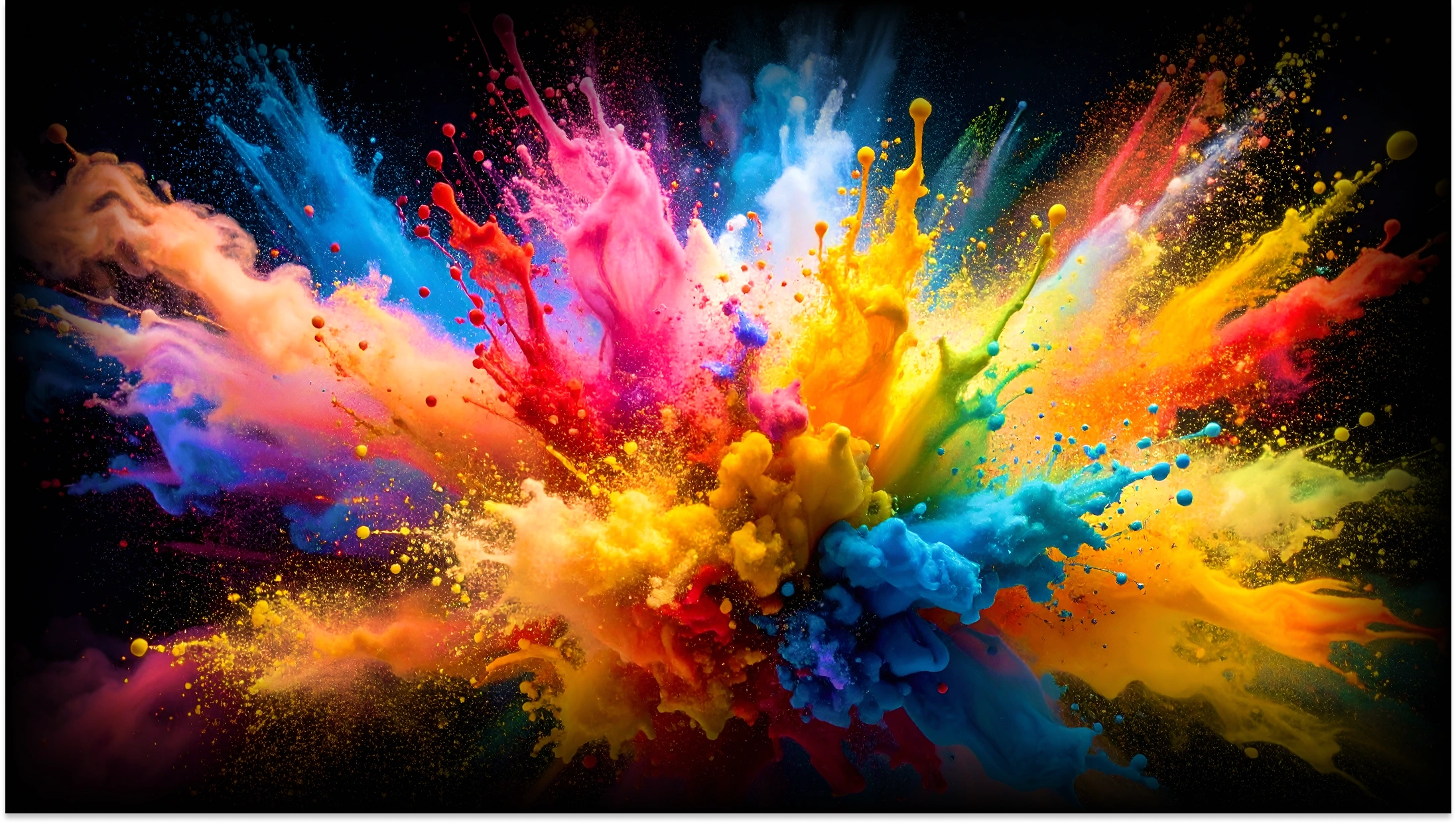 Dynamiczna i barwna eksplozja farb w odcieniach żółci, różu oraz błękitu na czarnym tle.