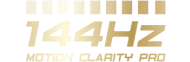 Złoty logotyp 144Hz Motion Clarity Pro z rzędem kwadratów symbolizujących płynność wyświetlania.