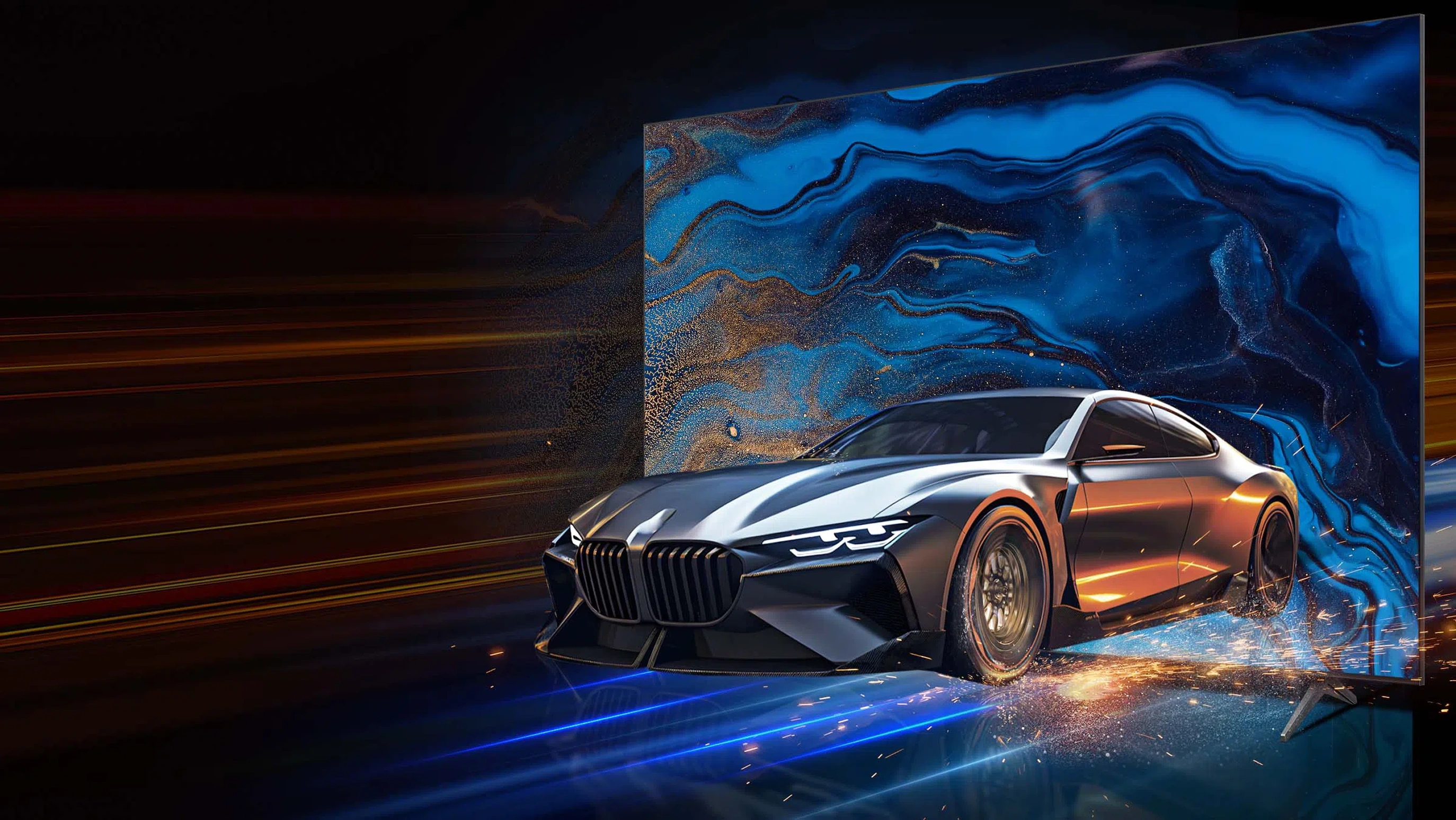 Sportowy samochód wyścigowy w dynamicznej scenie – ilustracja trybu Gaming z niskim opóźnieniem dźwięku soundbara Tcl