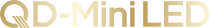 Złoty logotyp z napisem QD-MiniLed, reprezentujący technologię matrycy telewizora.