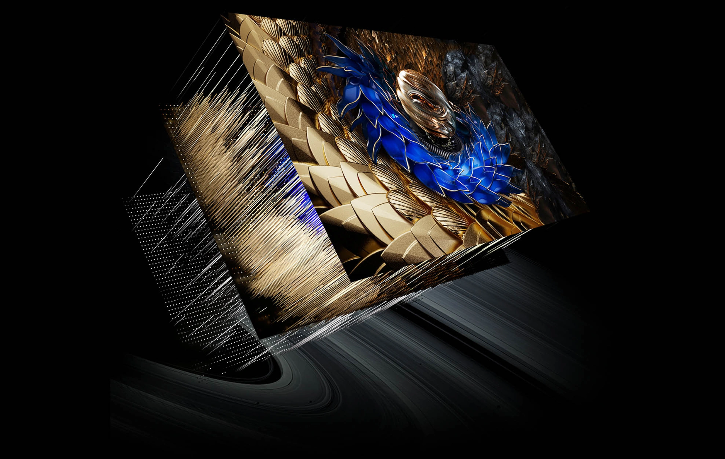 Grafika pokazująca warstwową budowę ekranu z motywem złoto-niebieskiego smoka i strefami podświetlenia Led