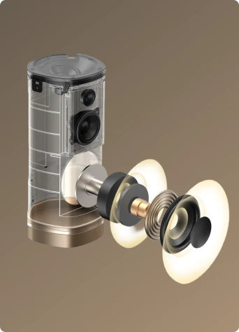 Przekrój konstrukcji głośnika Tcl ukazujący wewnętrzne elementy akustyczne i membrany dźwiękowe